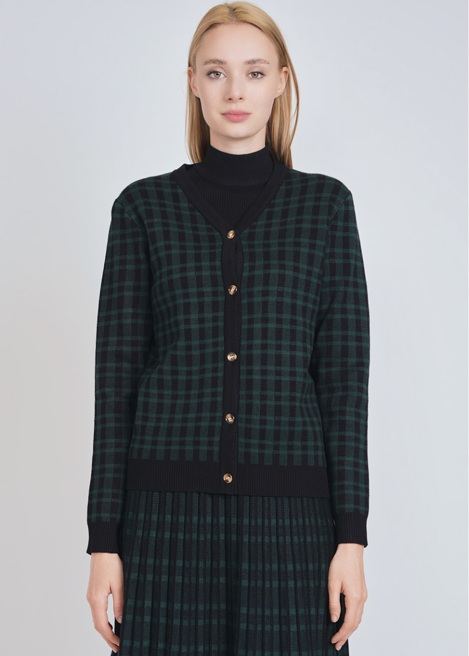 Black Cardigan with Green Plaid & V-Neck Detail | Modest Women